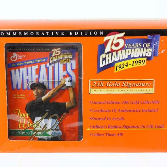 Wheaties Tiger Woods 75 Years Of Champions Gold Signature Mini Box NIB - Picture 1 of 5